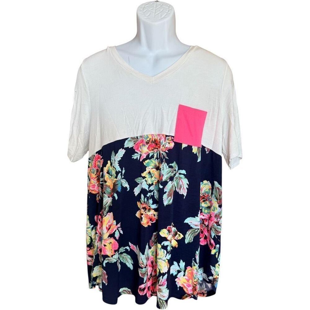 Womens HoneyMe Curve Color Block Floral Print Pocket Tee Shirt Blouse - Sz XL